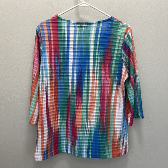 Onque Casual | Textured Tiered Multi Rainbow Stripe V-Neck 3/4 Sleeve Top Medium - Picture 5 of 5